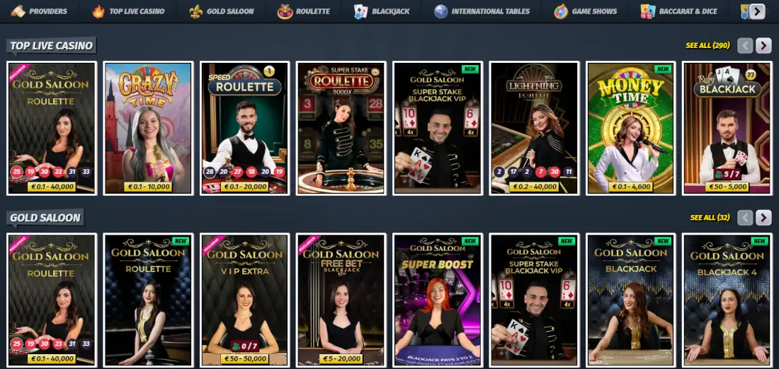 AllySpin Live-Dealer-Casino-Spiele und Tischspiel-Lobby.